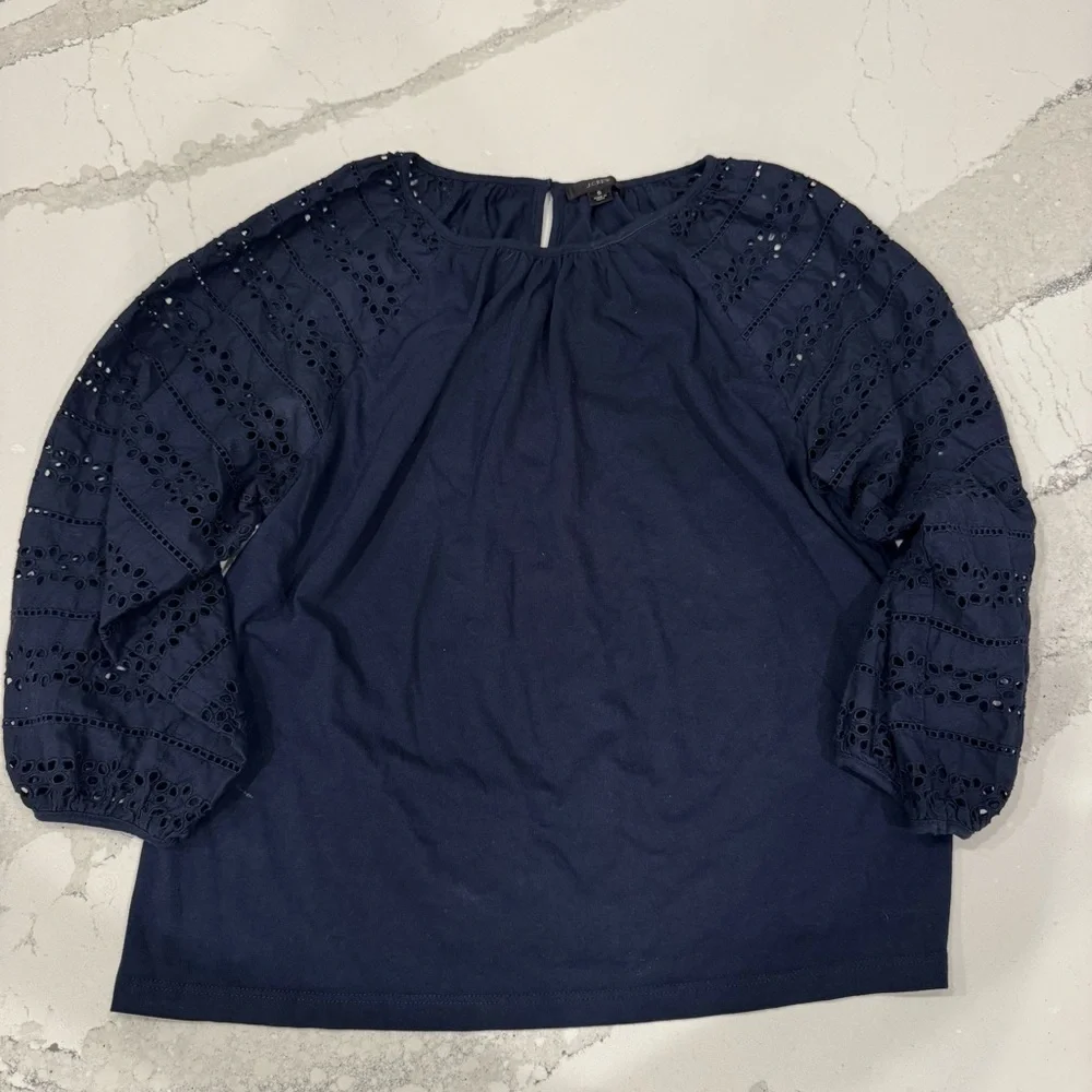 J. Crew Eyelet Navy 3/4 Sleeve Top Size Small